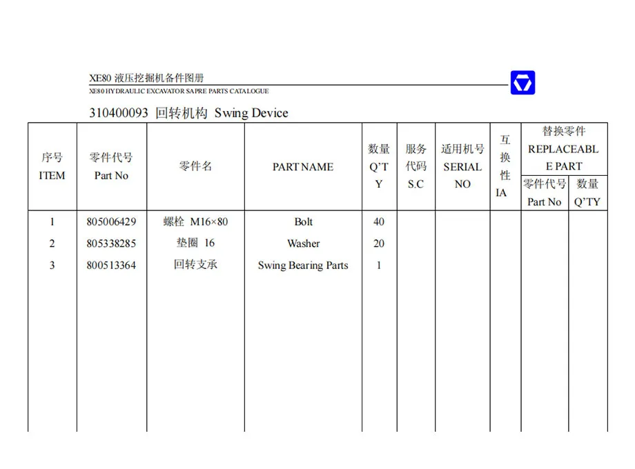 XCMG XE80 Hydraulic Excavator Spare Parts Catalogue