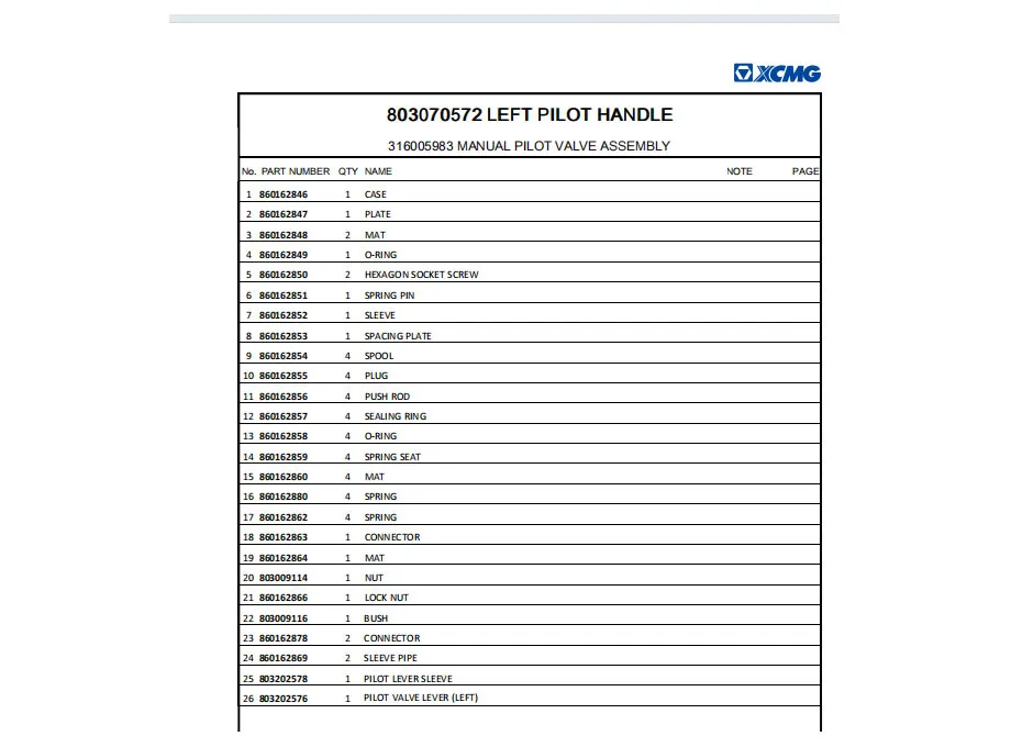 XCMG XE800D Hydraulic Excavator Spare Parts Catalogue