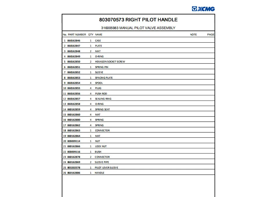 XCMG XE800D Hydraulic Excavator Spare Parts Catalogue